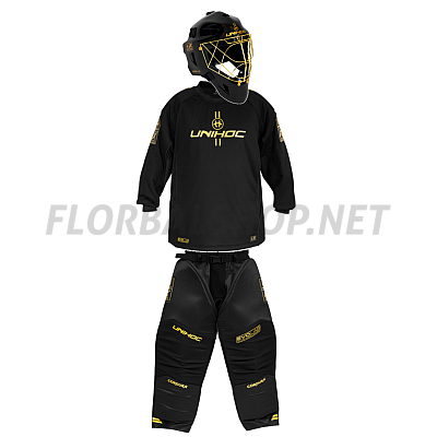 Unihoc Brankářský SET Alpha Evolab Black/gold + maska Unihoc Alpha Prime Evolab Gold