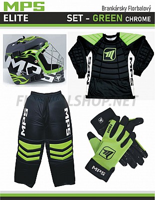 MPS ELITE brankářsky set Green + maska Pro Flame - Green/Chrome + Florbalové rukavice MPS