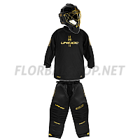 Unihoc Brankářský SET Alpha Evolab Black/gold + maska Unihoc Alpha Prime Evolab Gold