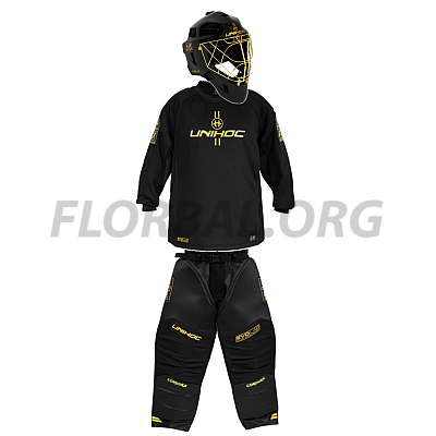 Unihoc Brankárský SET Alpha Evolab Black/gold + maska Unihoc Alpha Prime Evolab Gold