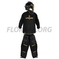 Unihoc Brankárský SET Alpha Evolab Black/gold + maska Unihoc Alpha Prime Evolab Gold